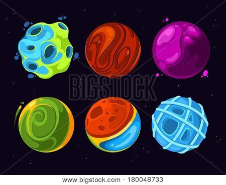 Cartoon alien planets fantasy on dark blue scifi starry gravitation space background vector set