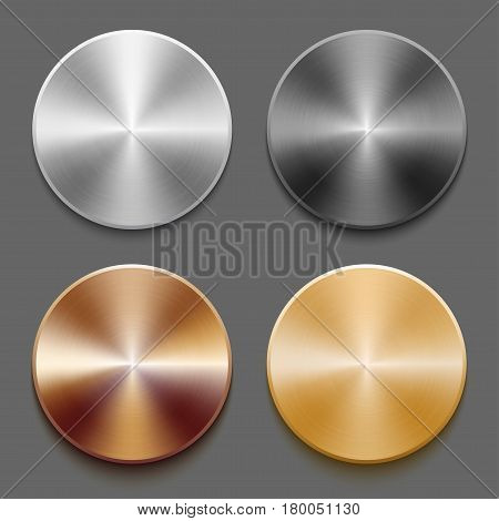 Set of round templates of metal button with gold, aluminum, steel and bronze metal texture isolated on gray background