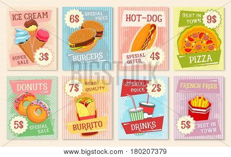 Fast food lunch menu poster with price set. Hamburger, pizza, hot dog, sweet soda drinks, meat burrito, donut and ice cream cone retro banner for fast food restaurant design