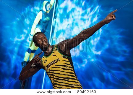 ISTANBUL, TURKEY - MARCH 16, 2017: Usain Bolt wax figure at Madame Tussauds wax museum in Istanbul. Usain Bolt is one of the greatest sprinters of all time