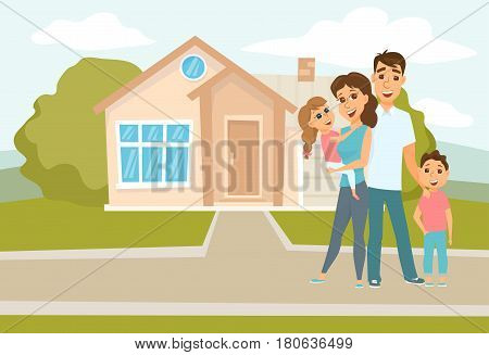 Family standing outside new home. People moving house. Mortgage loading real estate property with loan. Buying or or rental room. Happy hugging mother, father and their children