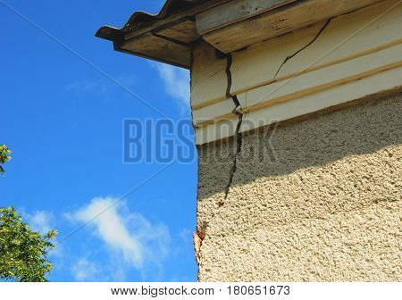 Architecture detail of damaged house corner dilapidated old building facade wall over blue sky background. Private abandoned home fall to ruin. Exterior House