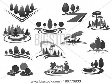 Trees and forest park icons set for landscape gardening or planting design company. Vector isolated set of green nature environment and woodlands for gardens horticulture or eco environment service