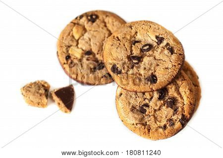 Chocolate chip cookies macro isolated on white background. Cookies with chocolate chunks.