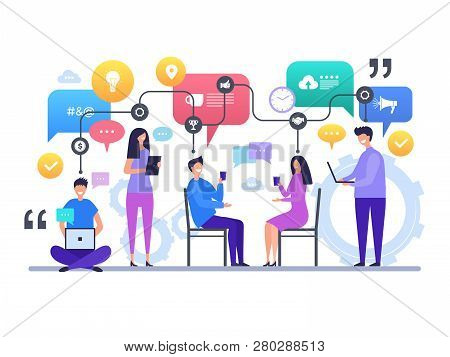 Communication People. Talking Chatting Global Social Network Discussion Vector Characters Concept Sc