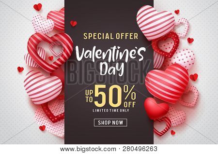 Valentines Day Vector Promotional Banner. Special Offer Text With Red Hearts Elements In White Backg