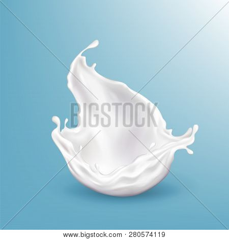 Vector 3d Realistic Milk Splashing, Bright Beverage Isolated On Blue Background. Healthy Food, Dairy