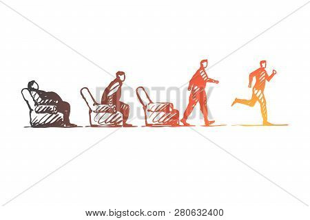 Motivation, Startup, Sport, Fitness, Run Concept. Hand Drawn Fat Lazy Person Stand Up And Run Concep