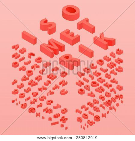 3d Font Color Living Coral, Three-dimensional Alphabet. Isometric Alphabet Font. 3d Effect Letters, 