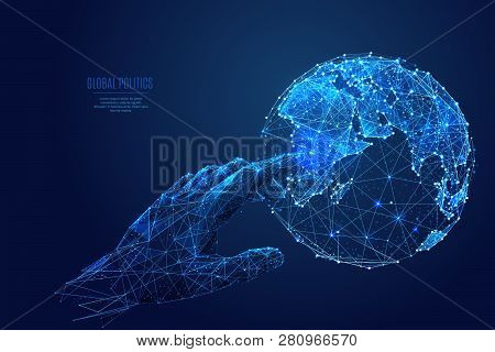 Human Arm Or Hand Or Palm Is Touching Planet Earth. Digital Image Of Globe. Low Poly Blue. Polygonal