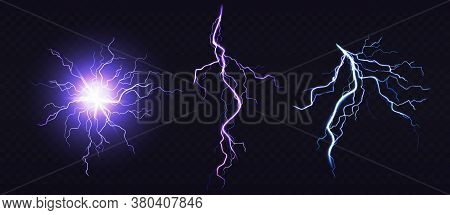 Electric Ball And Lightning Strike, Impact Place, Plasma Sphere Or Magical Energy Flash Of Blue And 