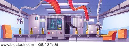 Conveyor Belt On Beverage Production Factory. Process Of Automatic Filling Beer Or Juice In Green Gl