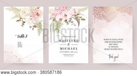 Dusty Pink And Ivory Beige Rose, Pale Hydrangea, Fern, Dahlia, Ranunculus, Fall Leaf Bunch Of Flower