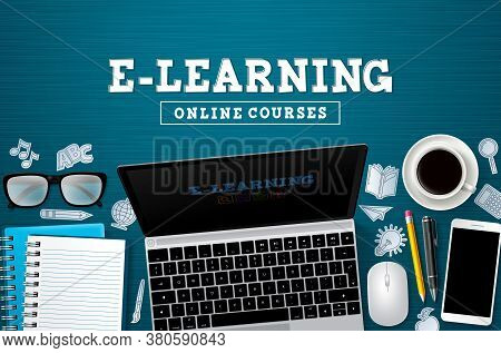 E-learning Online Education Vector Banner. E-learning Online Courses Text With Laptop Computer Devic