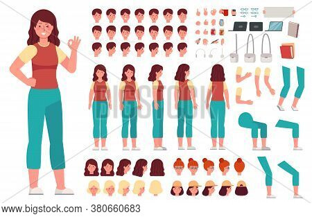 Cartoon Female Character Kit. Woman Animation Body Parts. Girl Constructor With Hand Gestures And Va