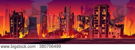 City In Fire, War Destroy, Abandoned Burning Broken Buildings With Smoke And Flame. Bomb Destruction