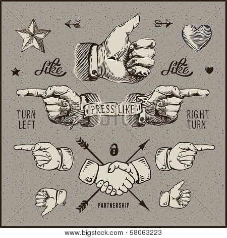 Dsign elements - thumb up, pointer, handshake.