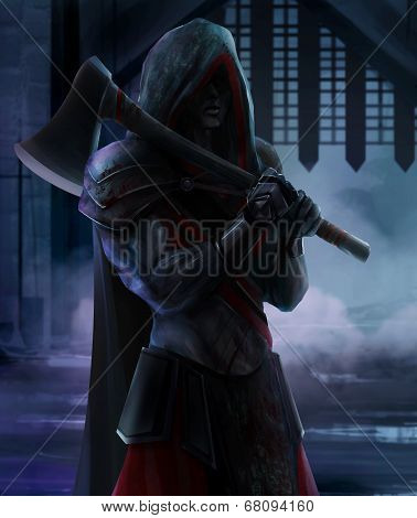 Executioner standing with axe on creepy night castle background with fog.