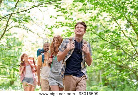 adventure, travel, tourism, hike and people concept - group of smiling friends walking with backpacks in woods