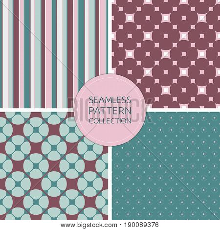 Seamless patterns vector. Collection retro fashion backgrounds set. Stylish color pattern. Marsala pattern. Pink pattern. Turquoise pattern. Gray pattern. Design pattern, covers pattern, invitations pattern, decoration pattern, wrapping paper pattern.