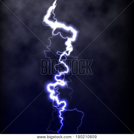 Lightning flash light thunder spark on black background with clouds. Vector spark lightning or electricity blast storm or thunderbolt in sky. Natural phenomenon of human nerve or neural cells system.