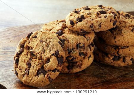 Chocolate Cookies On Wooden Table. Chocolate Chip Cookies Shot