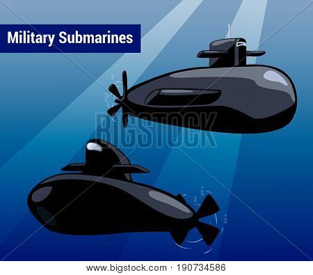 Military submarines in water. Black sub cartoon style vector illustration. Warship underwater in blue sea. Marine weapon drawing. Transport boat for undersea war. Nursery art submarines for boy design