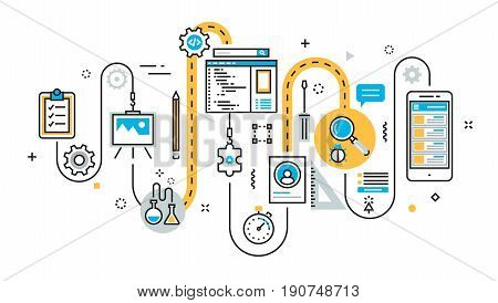 Flat line illustration concept of graph plan scheme algorithm step of mobile application development process app design programming coding building and debugging for website banner