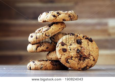 Chocolate Cookies On Wooden Table. Chocolate Chip Cookies Shot