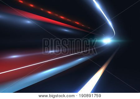 Car speed lines. Light trails tragic of long exposure abstract vector background. Light night road tunnel for car or train illustration