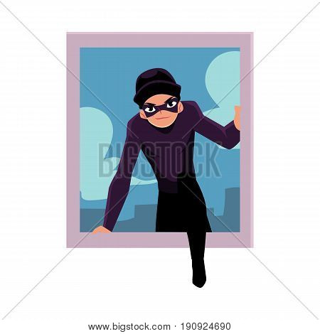 Thief, burglar breaking into house through window, cartoon vector illustration isolated on white background. Burglar, robber in mask and black suit going to rob a house, climbing in through window