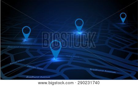 Gps Tracking Map. Track Navigation Pins On Street Maps. Futuristic Design Navigate Mapping Technolog