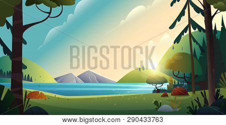 Rural Cartoon Landscape. Beautiful View Of The Lake And The Mountains On Forest Background. Nature L