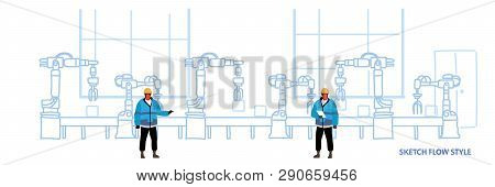 Engineers In Uniform Controlling Factory Production Conveyor Automatic Assembly Line Machinery Indus