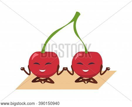 Funny Cherry Yoga. Cartoon Fruit Mascot Meditating Or Doing Sport Exercise, Berries Set On Gymnastic