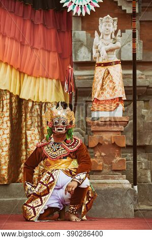 Traditional Balinese Costume And Mask Tari Wayang Topeng - Characters Of Bali Culture. Temple Ritual