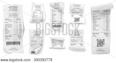 Receipts Bill. Atm Paper Prints, Paying Ticket Shop Or Store Purchase Invoice. Isolated Realistic Su