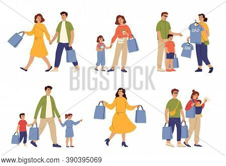 Family Shopping. Woman Food Bag, Couple Running To Shop. Mom Carry Bags, Parents Buying Clothes To K