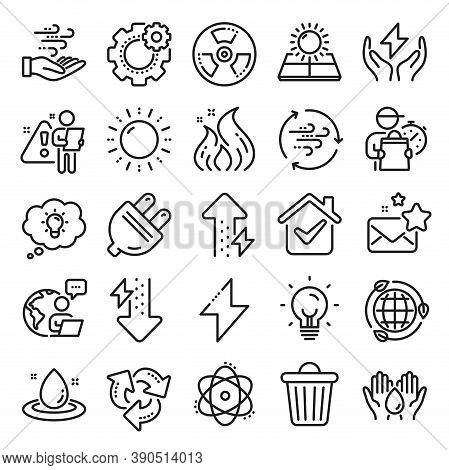 Energy Line Icons. Solar Panels, Wind Energy And Electric Thunder Bolt. Fire Flame, Hazard, Green Ec