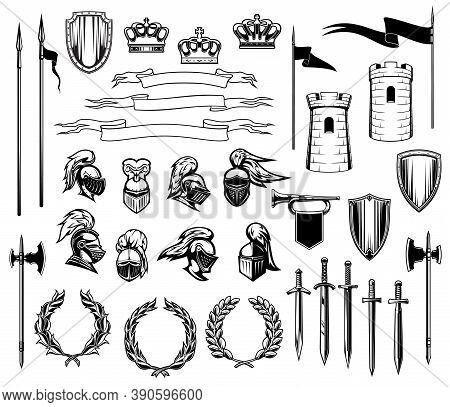 Knight Heraldry Vector Set Of Medieval Shields, Royal Crowns, Knight Armors, Helmets And Swords. Anc