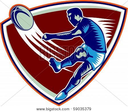 Rugby Player Kicking Ball Shield Woodcut