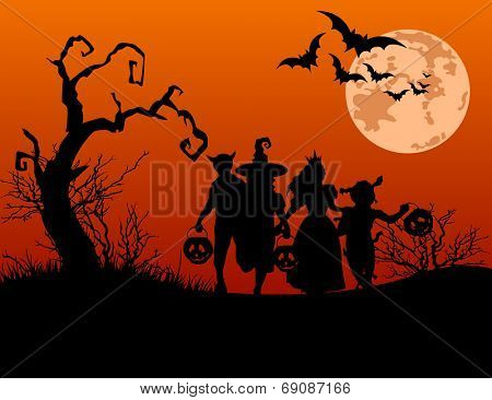 Halloween background with silhouettes of children trick or treating in Halloween costume. Raster version.  