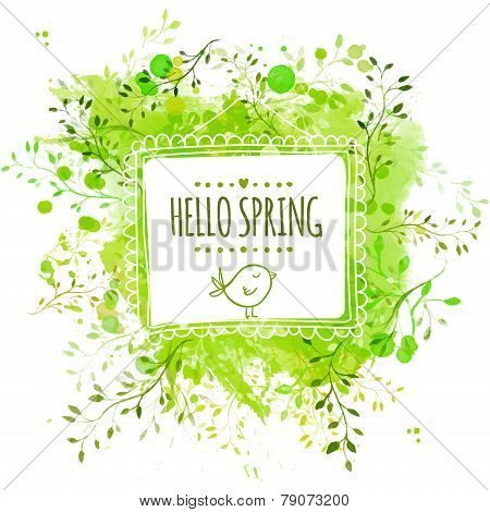 White hand drawn square frame with doodle bird and text hello spring. Green watercolor splash backgr