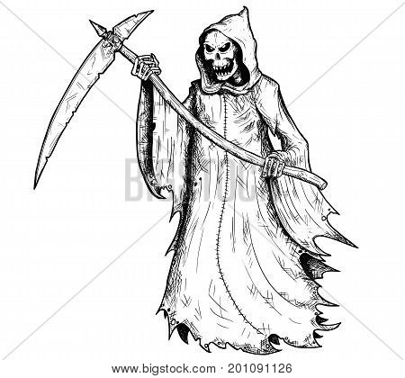 Hand drawing illustration of halloween grim reaper human skeleton with scythe personification of death.