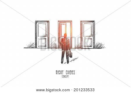 Right choice concept. Hand drawn man faces a choice. Man chooses the path isolated vector illustration.