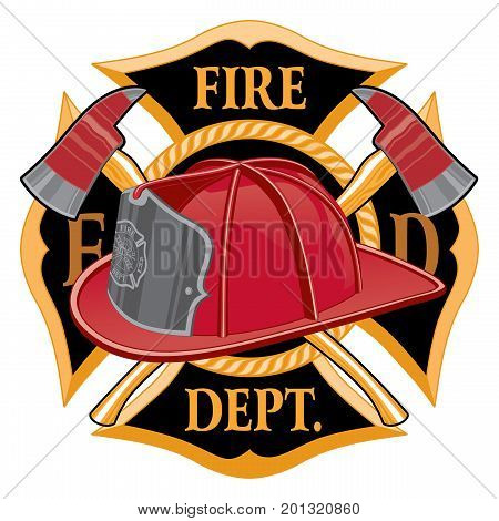 Fire Department Cross Symbol is an illustration of a fireman or firefighter Maltese cross emblem with a firefighter helmet and firefighter axes in the foreground. Great for t-shirts, flyers, and websites.