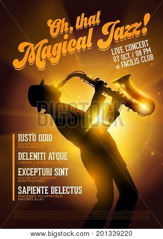 Isolated Vector Jazz Poster. Silhouette of Saxophone Player against a Stage Gold Light. Music Poster Template for Festival Flyer Ticket Concert Night Club.