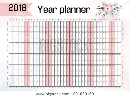 Planner for 2018 wall working. Calendar planner for 2018 with days of the week for designers and illustrators. Scheduler for 365 days in the form of vector illustration