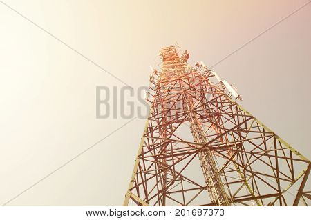 Up view mobile range antenna tower mast communication electricity radio reception news delivery send transmission tower wireless technology