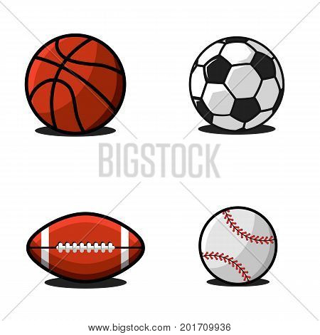 Set Of Balls For Football Or Soccer, Basketball, American Football Or Rugby, Baseball. Collection Of